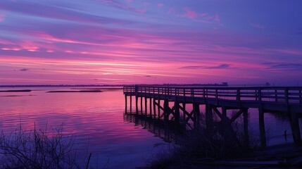 Obraz premium Watching the sunrise from a beach pier, the colors of dawn reflecting on the water, brings a moment of quiet reflection.