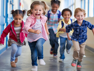 Pupils running through school corridor. Happy school children running around the school. Junior school. Back to school, new school year.