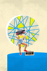 Vertical photo collage of hipster girl instead head boombox recorder retro party weekend occasion...