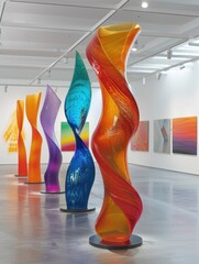Colorful abstract glass sculptures in a modern art gallery with paintings on the walls, highlighting contemporary design and creativity.