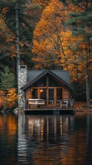 Obraz premium Cozy cabin by a lake surrounded by vibrant autumn trees with colorful foliage reflecting in the water during a tranquil fall evening.