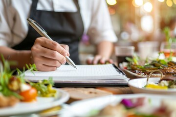 Food Critic Writing in Notepad, capturing immediate impressions of the meal, Generative AI