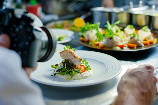 Food Critic Photographing Dish, capturing the presentation of the meal, Generative AI