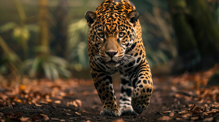 Fototapeta premium sharp eye view from the front of a Panthera jaguar walking on the ground against a backdrop of trees and green leaves in the middle of wildlife forest