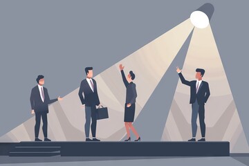 Fototapeta premium Businessman being interviewed under the spotlight by several people, Successful job candidate. Political figure. Standing out from the crowd