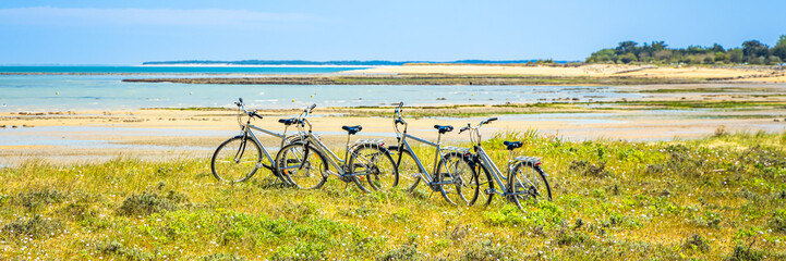 Row of rent bikes parked at a beach on a sunny day on the island of Oleron, France