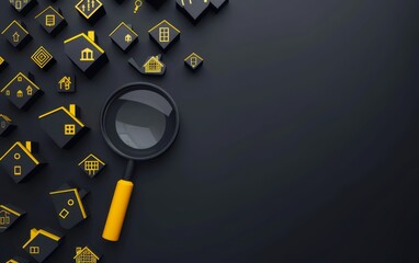 Fototapeta premium Magnifying glass over houses with yellow real estate icons on it. Property search. New home. Real estate agent. Real Estate Concept Background, Revealing the Perfect Property