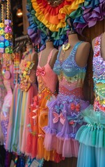 A row of colorful, whimsical dresses displayed on mannequins in a shop window.  Each dress is unique and eye-catching.