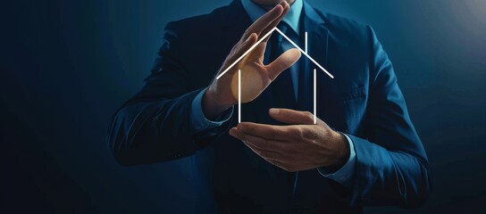 Businessman holding a house icon. for analyzing property value, new home, interest rate, mortgage loan, Investment planning, business real estate. New home