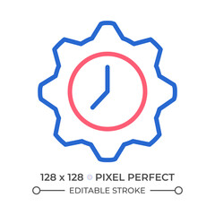 Time management two color line icon. Clock and gear. Flexible hours. Clock inside gear. Planning tasks bicolor outline symbol. Duotone linear pictogram. Isolated illustration. Editable stroke
