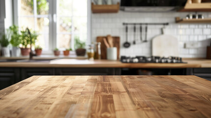 Wooden table top with blurred kitchen room background
