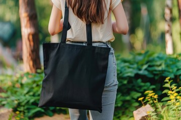 Woman holding black canvas tote bag. Bag mockup for design.