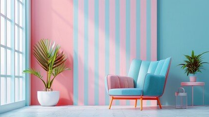 Abstract minimal concept. Pastel multi color vibrant groovy retro striped background wall frame with bright armchair decor. Mock up template for product presentation. copy space.
