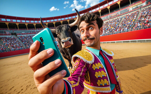 Un matador prend un selfie dans une ar&egrave;ne, affichant une confiance comique et imprudente.