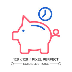 Save money for future two color line icon. Retirement savings. Financial planning. Piggy bank with clock bicolor outline symbol. Duotone linear pictogram. Isolated illustration. Editable stroke