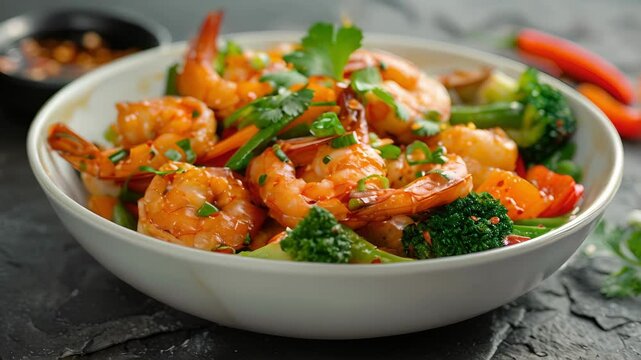 A simple and satisfying seafood stirfry featuring crisp vegetables and chunks of wildcaught prawns all tossed together in a savory garlic sauce.