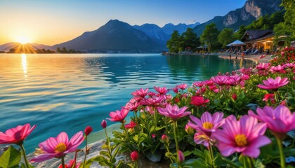 Mountain Lake Sunset with Pink Flowers.