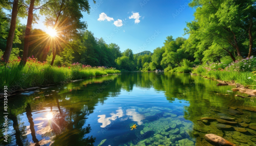 Canvas Prints sunlit forest river.