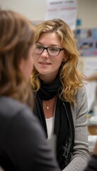 A young woman with glasses listens intently to another person, creating a sense of focused conversation.