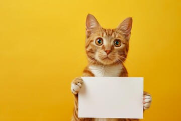 Orange cat holding a blank white sign, isolated on a bright yellow background. Cute and playful pet. Ideal for advertising, marketing, and social media. Image created by Generative AI.
