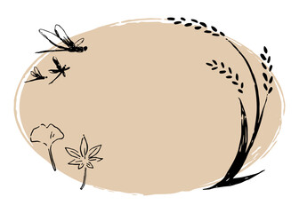 手書きの稲、とんぼ、銀杏、紅葉、楕円形フレーム