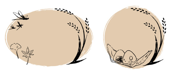 稲、とんぼ、紅葉、おにぎり、手書きの円形フレームのセット © 20