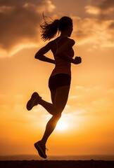 silhouette of a woman running on sunset