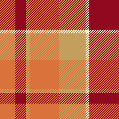 Ornament textile background fabric, styling seamless texture plaid. Apparel vector check tartan pattern in orange and red colors.
