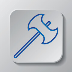 Axe simple icon vector. Flat design. Paper cut design. Cutted blue symbol with shadow. Gray badge button, gray background