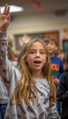 Obraz premium A young girl raises her hand in a classroom setting, eager to participate and share her thoughts. Her eyes sparkle with enthusiasm and excitement. Antibullying workshop with interactive activities.