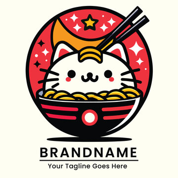 Joyful and fun cat logo with noodle bowl elements perfect for food-related brands or playful products