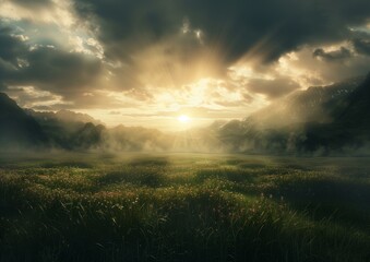 Fototapeta premium Captivating Landscape Illustration of a Sunset over a Mountainous Meadow