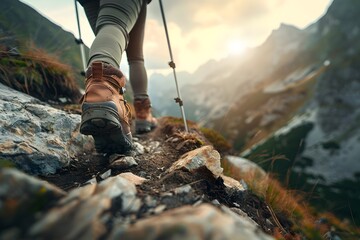 Hiking Woman with Trekking Poles Climbs Steep Mountain Trail Surrounded by Majestic Peaks and Vistas - Powered by Adobe