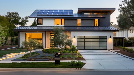 Eco-Friendly House Facade with Solar Panels, Automated Windows, Smart Security System, Robotic Lawn Mower, Electric Car Charging Point, Sustainable Design