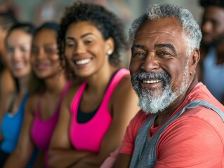 Fototapeta premium Smiling senior man with grey beard sits in a group of diverse people in sportswear.