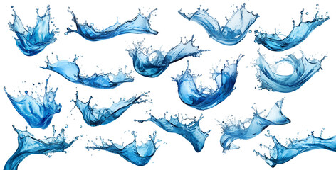 big set collection of blue natural fresh water splash isolated  white background. design pattern for purity pure drink and freshness cosmetics concept