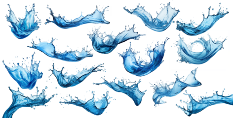 big set collection of blue natural fresh water splash isolated  white background. design pattern for purity pure drink and freshness cosmetics concept