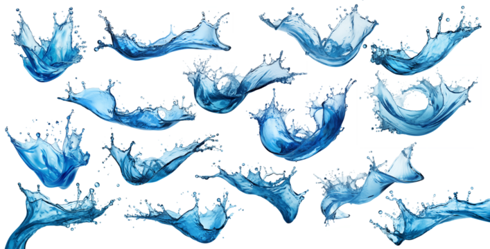 big set collection of blue natural fresh water splash isolated  white background. design pattern for purity pure drink and freshness cosmetics concept