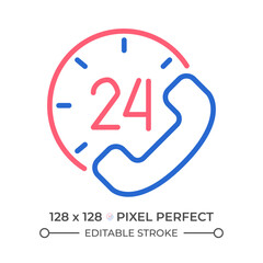 Round-the-clock support two color line icon. 24 hour call answering service. Helping customers bicolor outline symbol. Duotone linear pictogram. Isolated illustration. Editable stroke