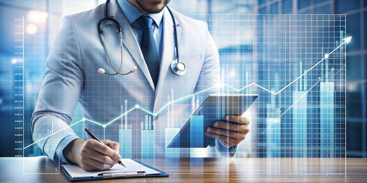 Healthcare business graph and Medical examination and businessman analyzing data and growth chart on blurred background.