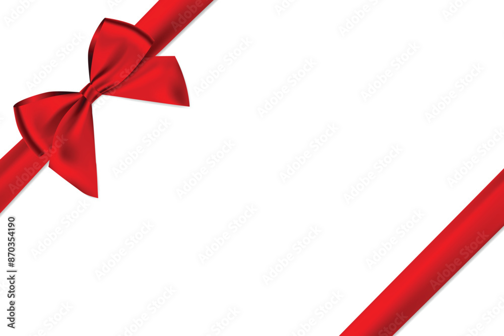 Poster red bow realistic shiny satin and ribbon with shadow place on corner of paper for decorative your ch