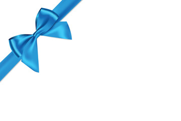 Blue bow and ribbon realistic shiny satin with shadow place on corner of paper for decorate your gift card or website vector EPS10 isolated on white background.
