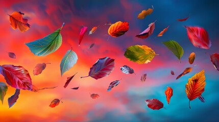 Vibrant autumn leaves floating amidst a colorful and dramatic sunset sky, showcasing the beauty of the changing seasons.