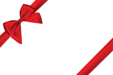 Red bow realistic shiny satin and ribbon with shadow place on corner of paper for decorative your christmas card vector EPS10 isolated on white background.