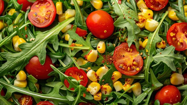 Homemade Vegetable Salad Topped With Cherry Tomatoes, Corn, Rocket, And Flaxseed, Fresh And Colorful