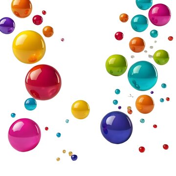 Abstract double border composition with colorful random flying spheres. Colorful rainbow matte soft balls in different sizes on whrite background.