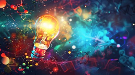 Abstract Scientific Background with Glowing Light Bulb and Iconic Elements in Vibrant Colors