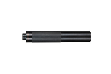 Black silencer for weapons. Suppressor that is at the end of an assault rifle. Isolate on a white...