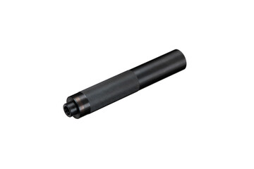Black silencer for weapons. Suppressor that is at the end of an assault rifle. Isolate on a white...
