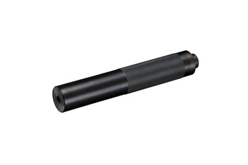 Black silencer for weapons. Suppressor that is at the end of an assault rifle. Isolate on a white back.